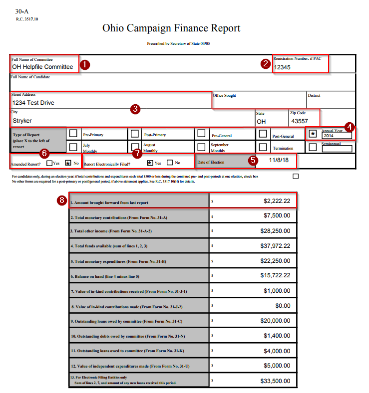Schedule 30A Ohio Campaign Finance Report Cover Page
